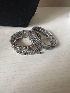 Beaded Wrap Bracelet Set - Silver and Taupe